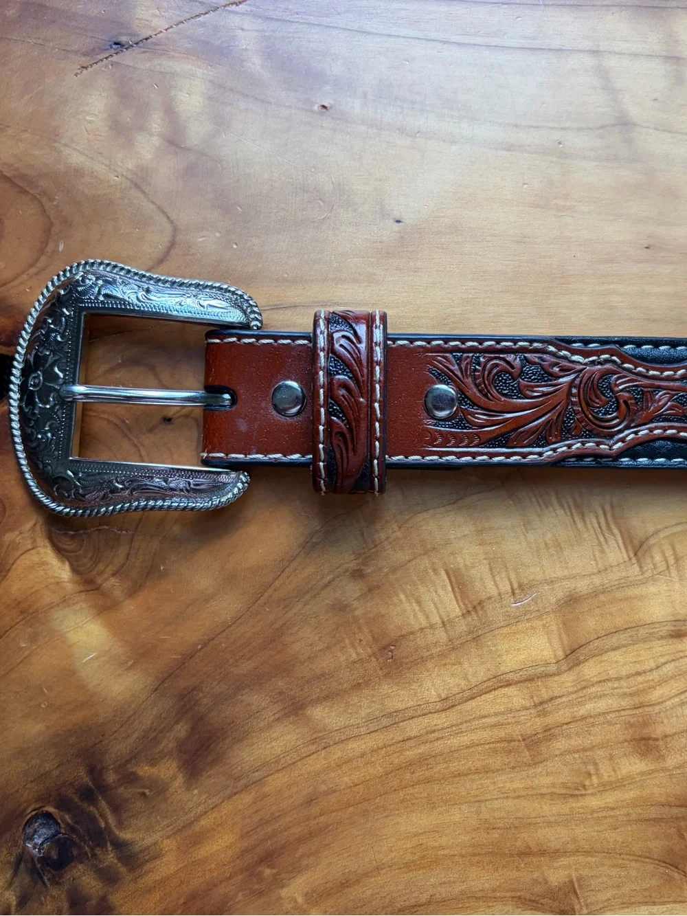 Nocona Tooled Dark Brown Leather Belt with Silver Buckle